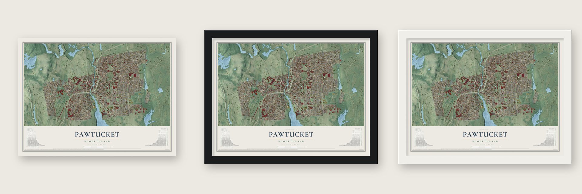 Pawtucket, Rhode Island map unframed, in a black wood frame and in a white wood frame