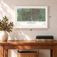 Pawtucket, Rhode Island map, 12 x 18 inch print in a white frame in an entryway