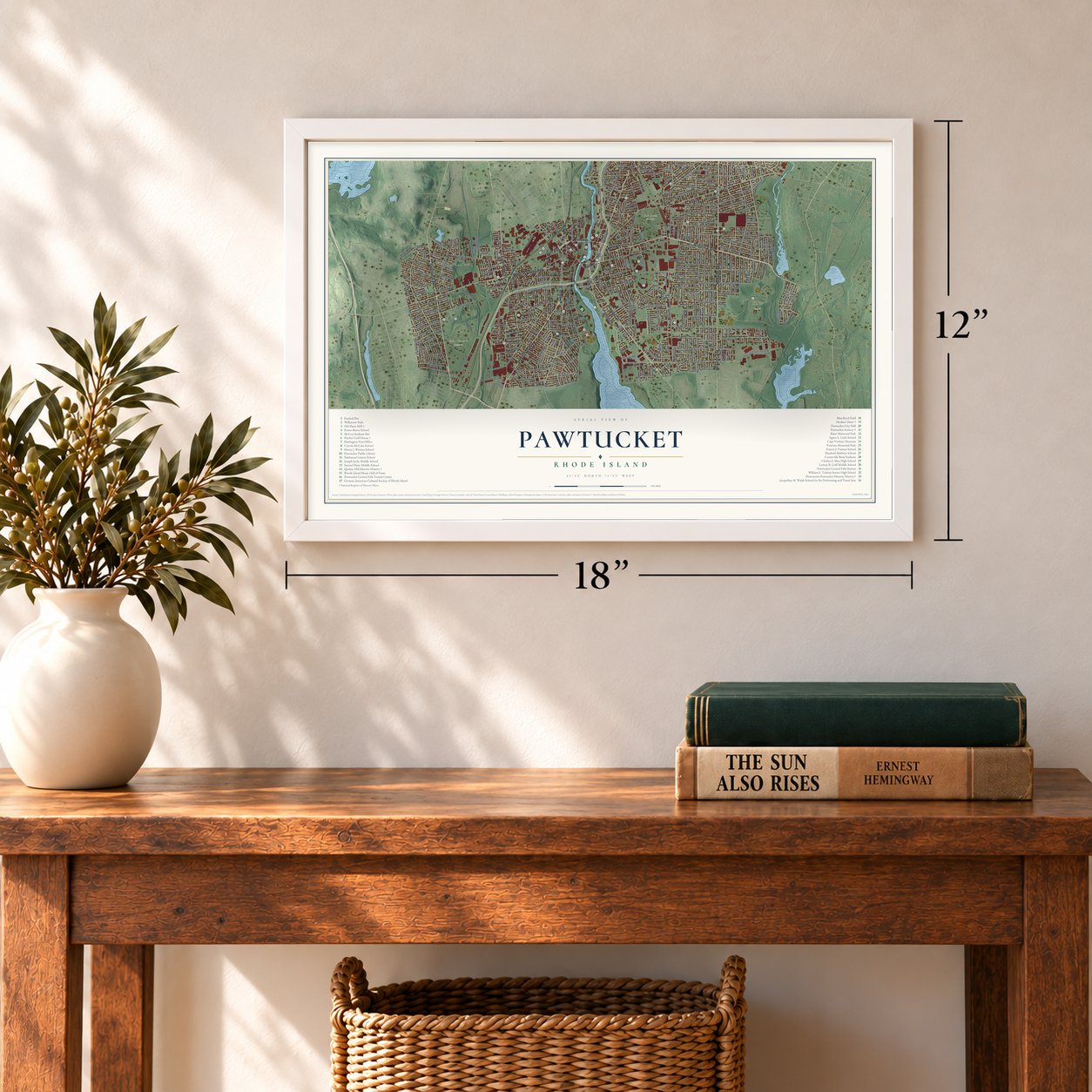 Pawtucket, Rhode Island map, 12 x 18 inch print in a white frame in an entryway