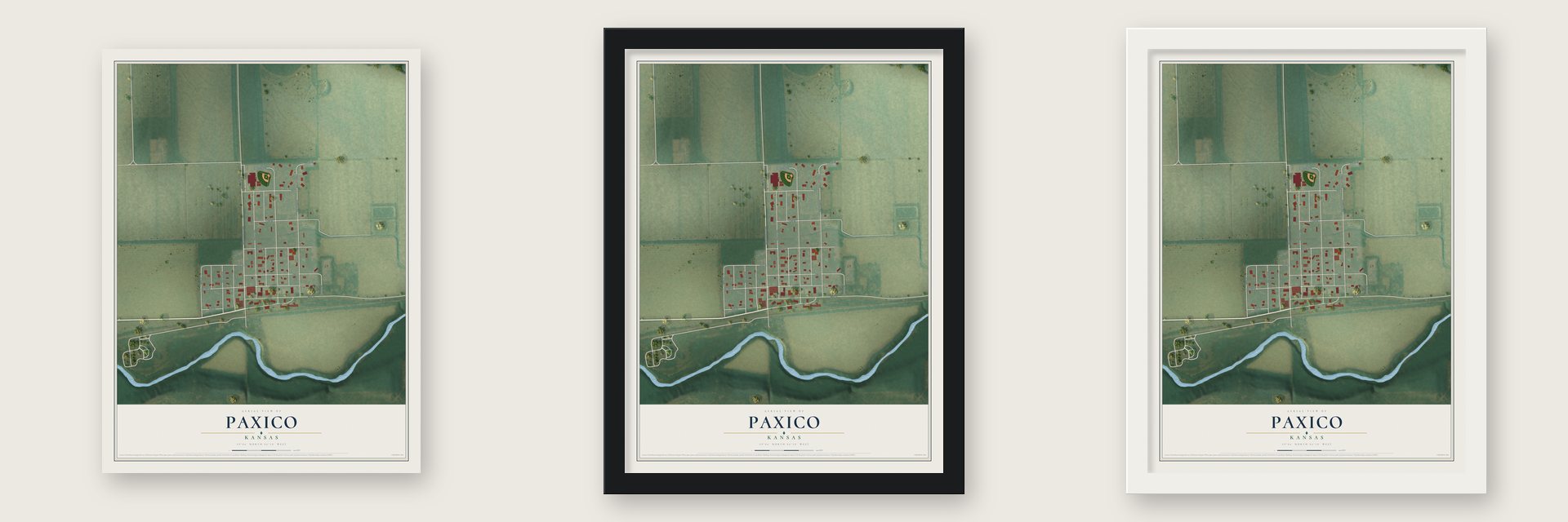 Paxico, Kansas map unframed, in a black wood frame and in a white wood frame