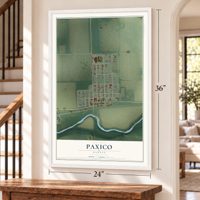 Paxico, Kansas map, 24 x 36 inch print in a white frame by a staircase