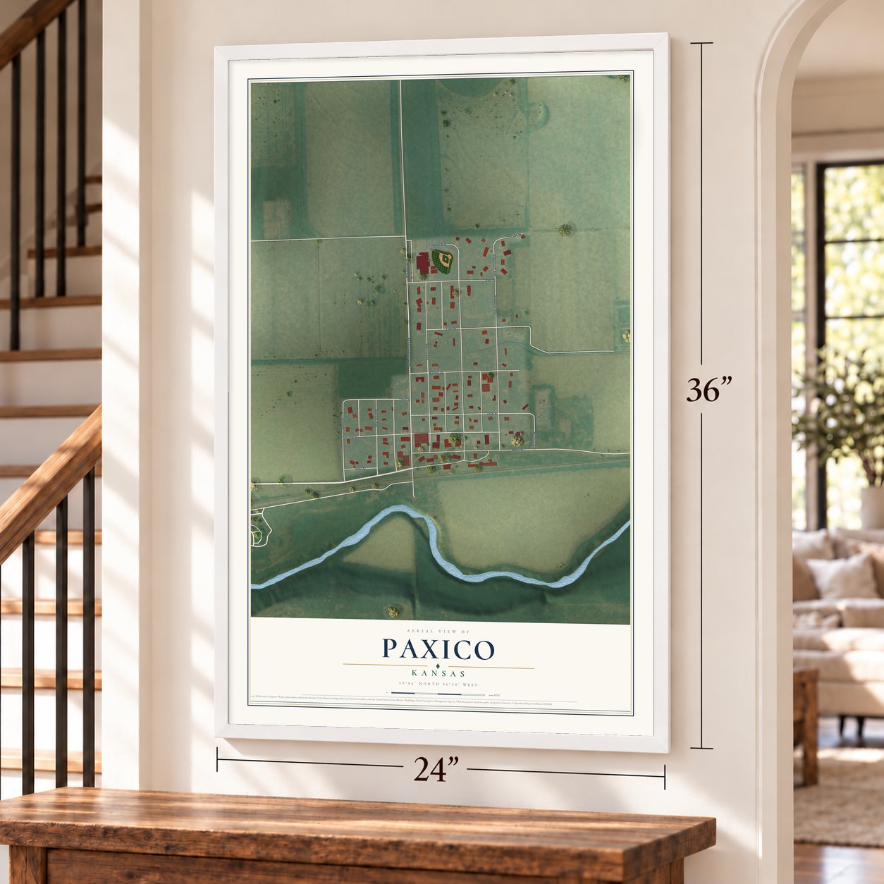 Paxico, Kansas map, 24 x 36 inch print in a white frame by a staircase