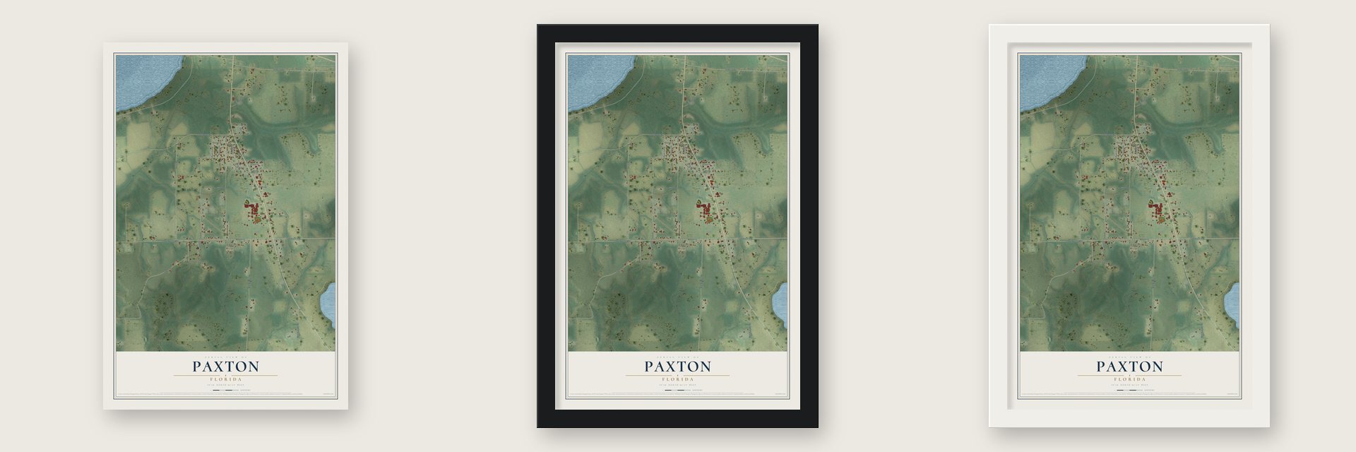 Paxton, Florida map unframed, in a black wood frame and in a white wood frame