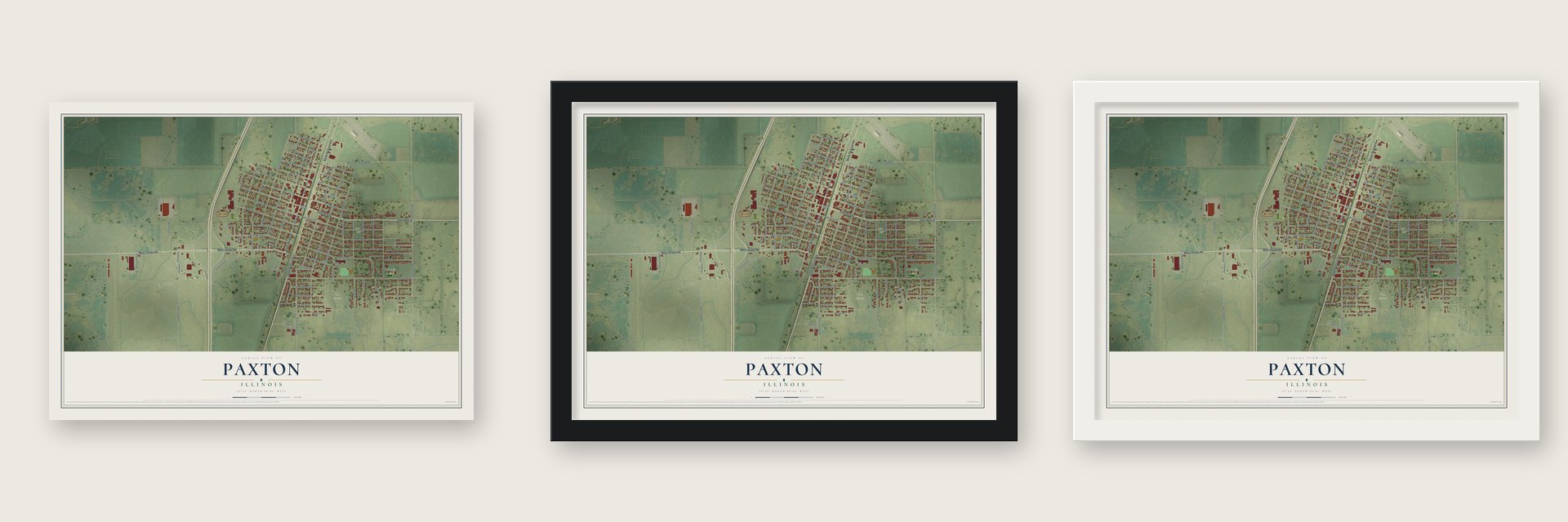 Paxton, Illinois map unframed, in a black wood frame and in a white wood frame
