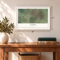 Paxton, Illinois map, 12 x 18 inch print in a white frame in an entryway