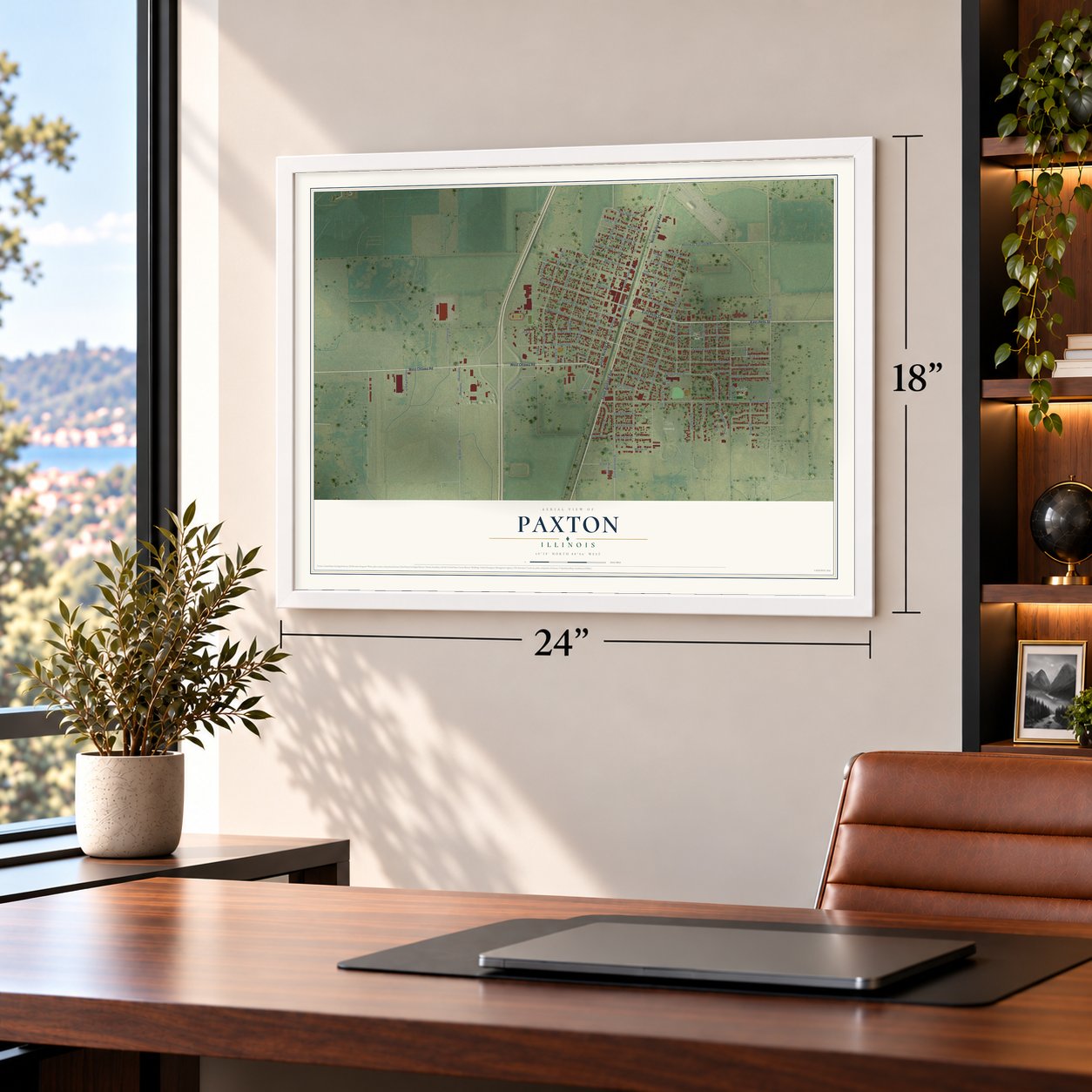 Paxton, Illinois map, 18 x 24 inch print in a white frame in a home office