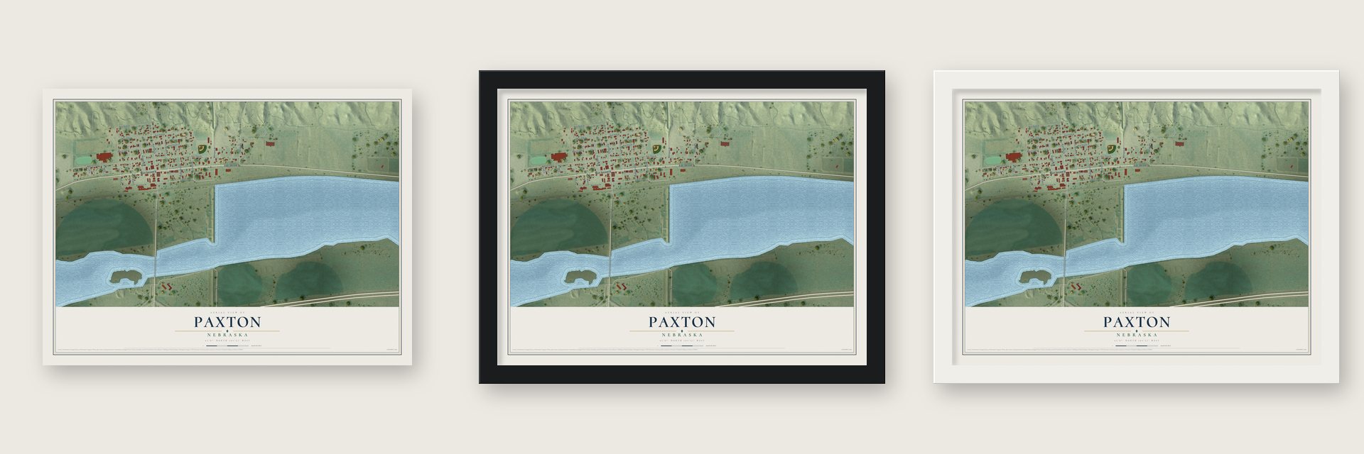 Paxton, Nebraska map unframed, in a black wood frame and in a white wood frame