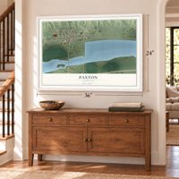 Paxton, Nebraska map, 24 x 36 inch print in a white frame above a dresser by a staircase