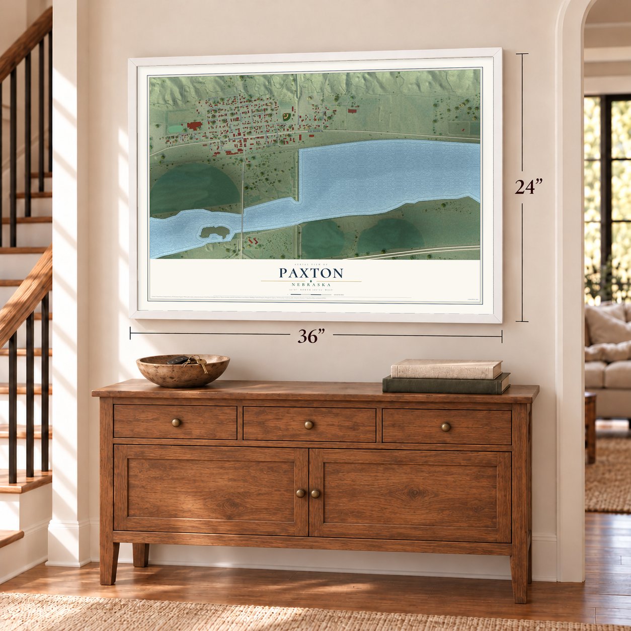 Paxton, Nebraska map, 24 x 36 inch print in a white frame above a dresser by a staircase