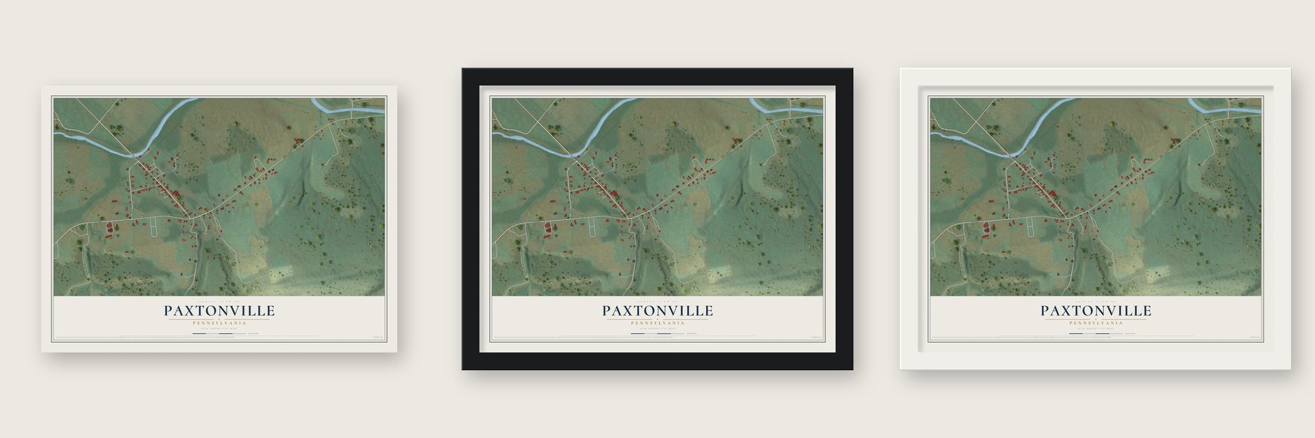Paxtonville, Pennsylvania map unframed, in a black wood frame and in a white wood frame
