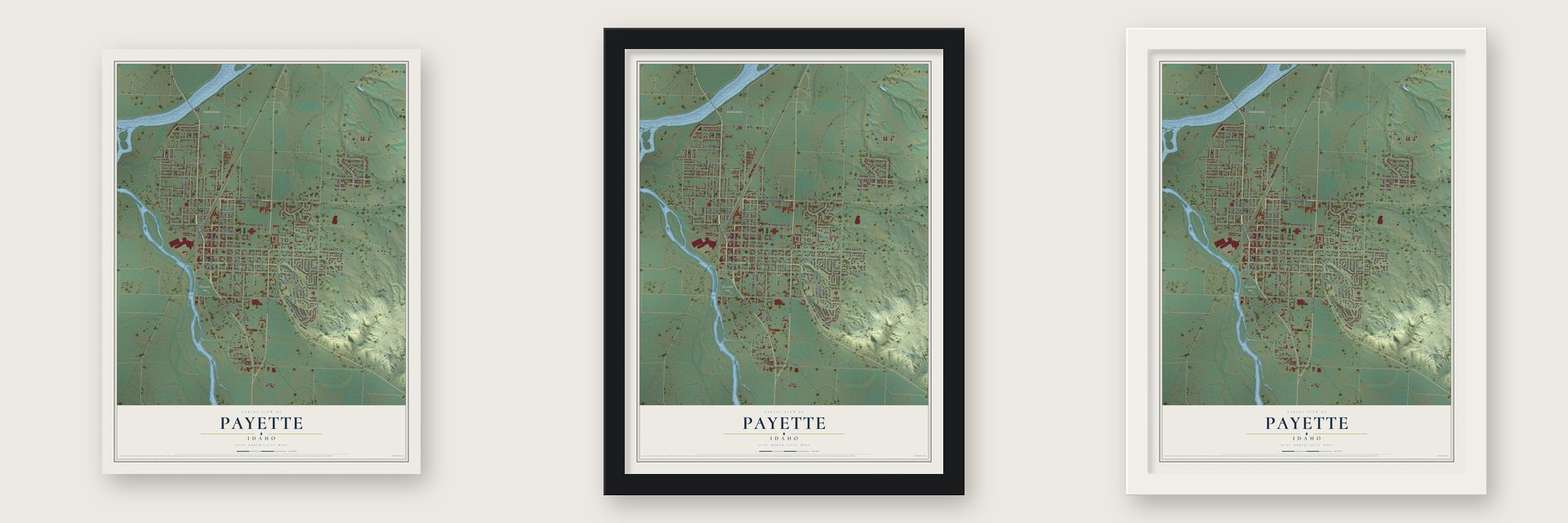 Payette, Idaho map unframed, in a black wood frame and in a white wood frame