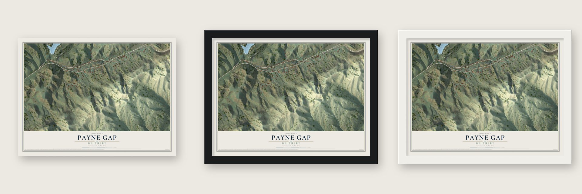 Payne Gap, Kentucky map unframed, in a black wood frame and in a white wood frame