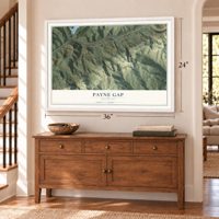 Payne Gap, Kentucky map, 24 x 36 inch print in a white frame above a dresser by a staircase