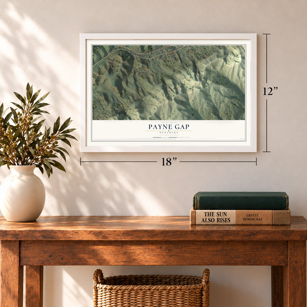 Payne Gap, Kentucky map, 12 x 18 inch print in a white frame in an entryway