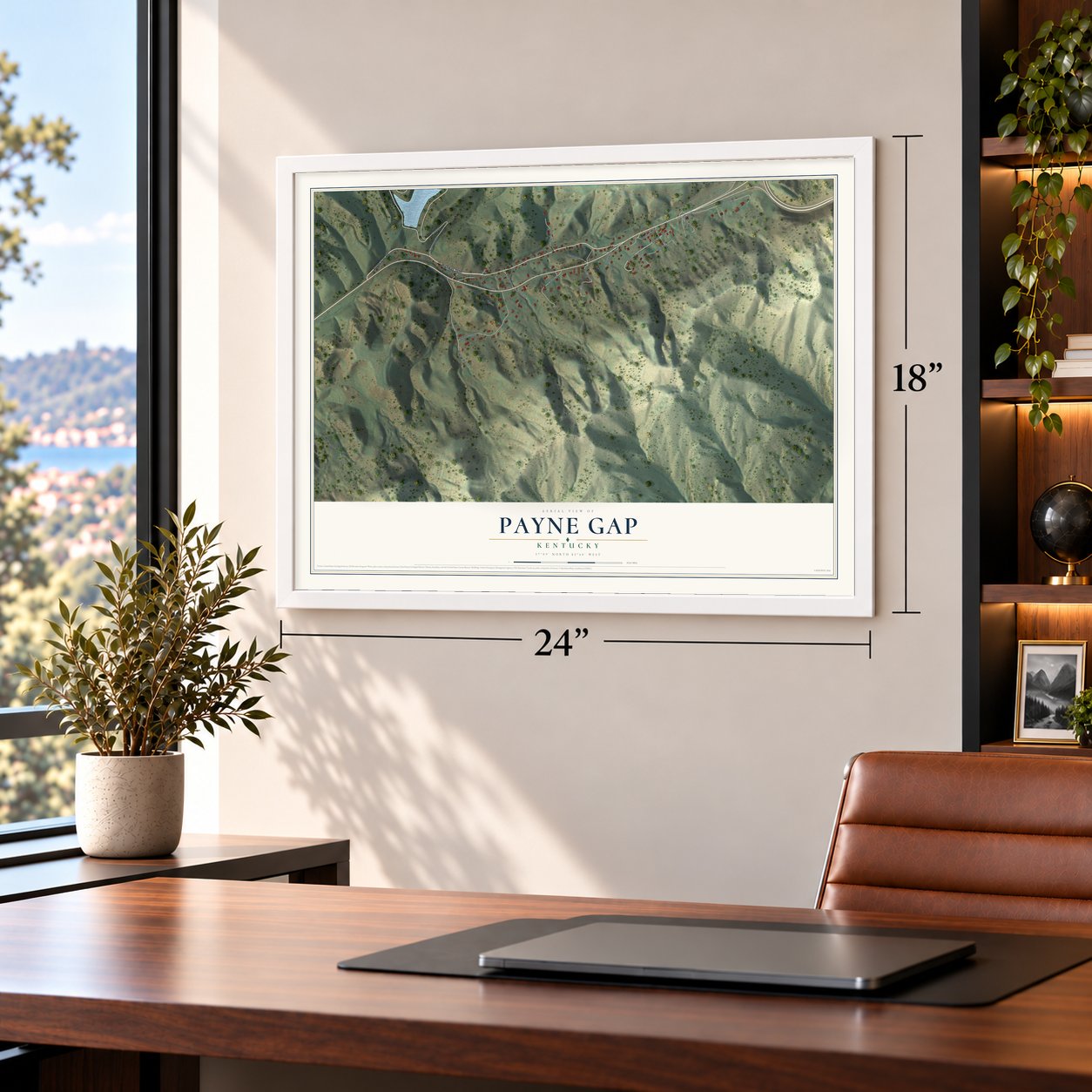 Payne Gap, Kentucky map, 18 x 24 inch print in a white frame in a home office