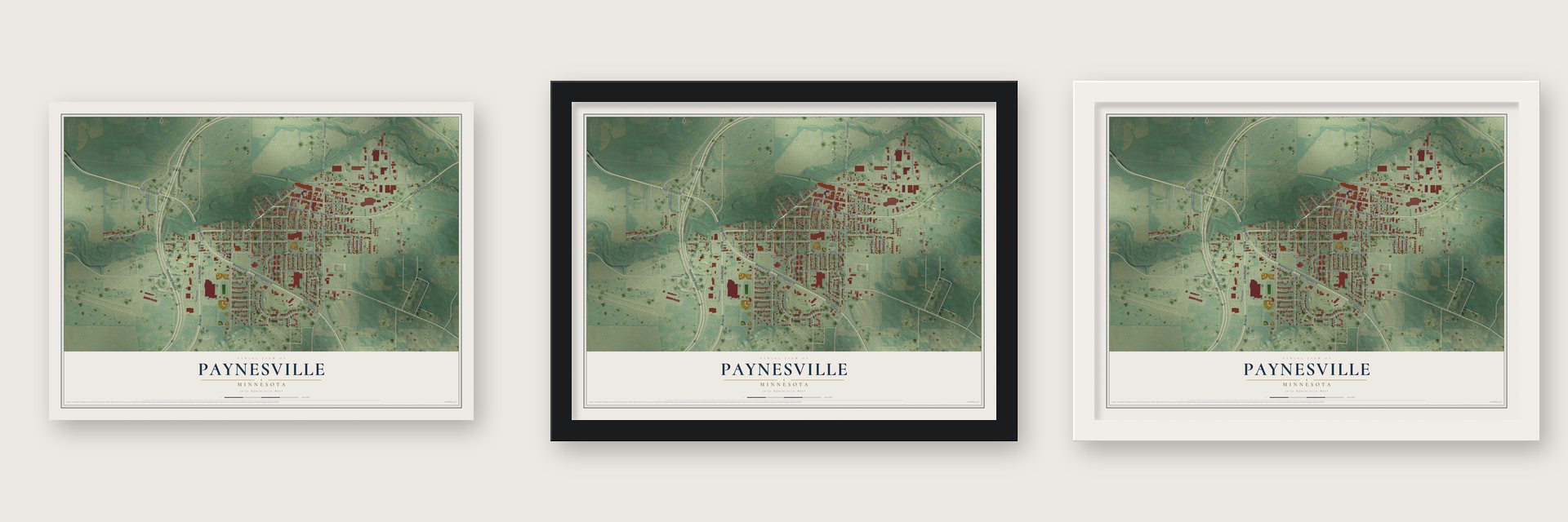 Paynesville, Minnesota map unframed, in a black wood frame and in a white wood frame