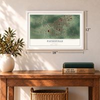 Paynesville, Minnesota map, 12 x 18 inch print in a white frame in an entryway