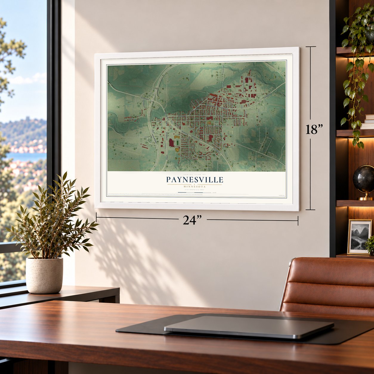 Paynesville, Minnesota map, 18 x 24 inch print in a white frame in a home office