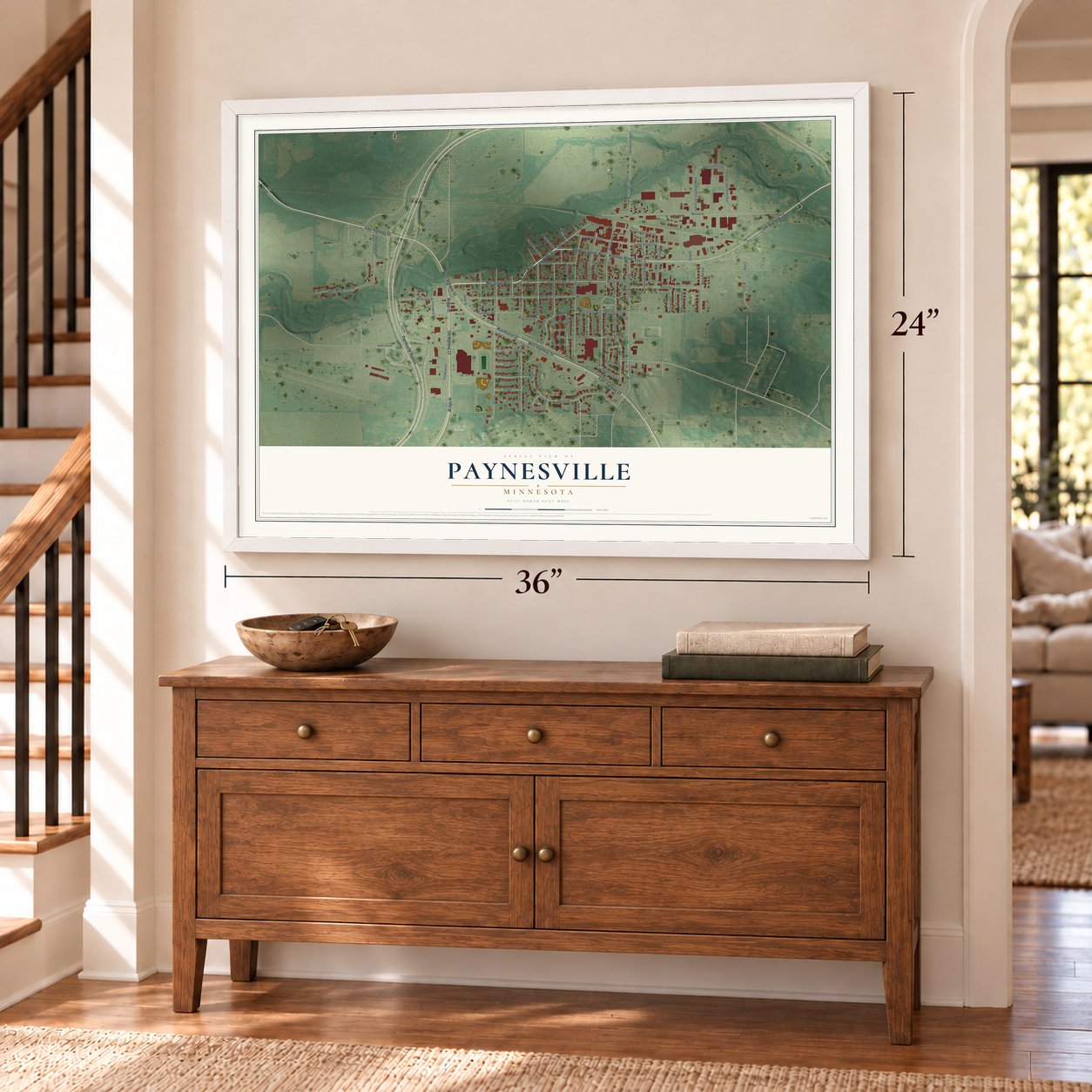 Paynesville, Minnesota map, 24 x 36 inch print in a white frame above a dresser by a staircase