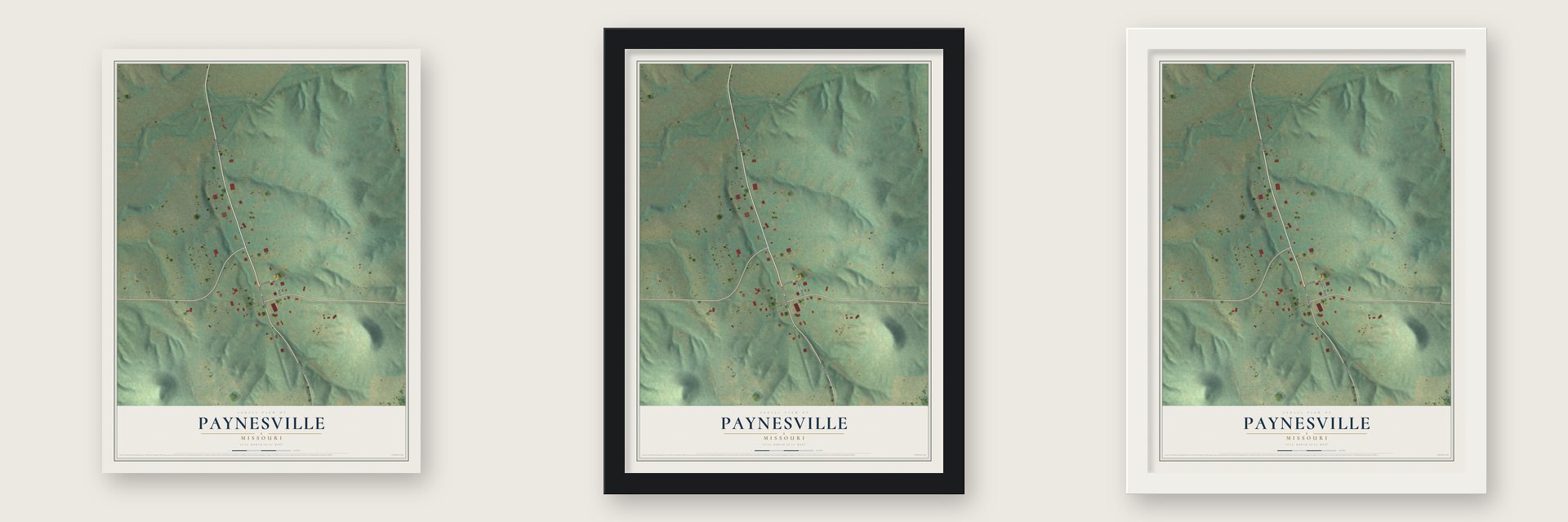 Paynesville, Missouri map unframed, in a black wood frame and in a white wood frame