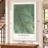 Paynesville, Missouri map, 24 x 36 inch print in a white frame by a staircase