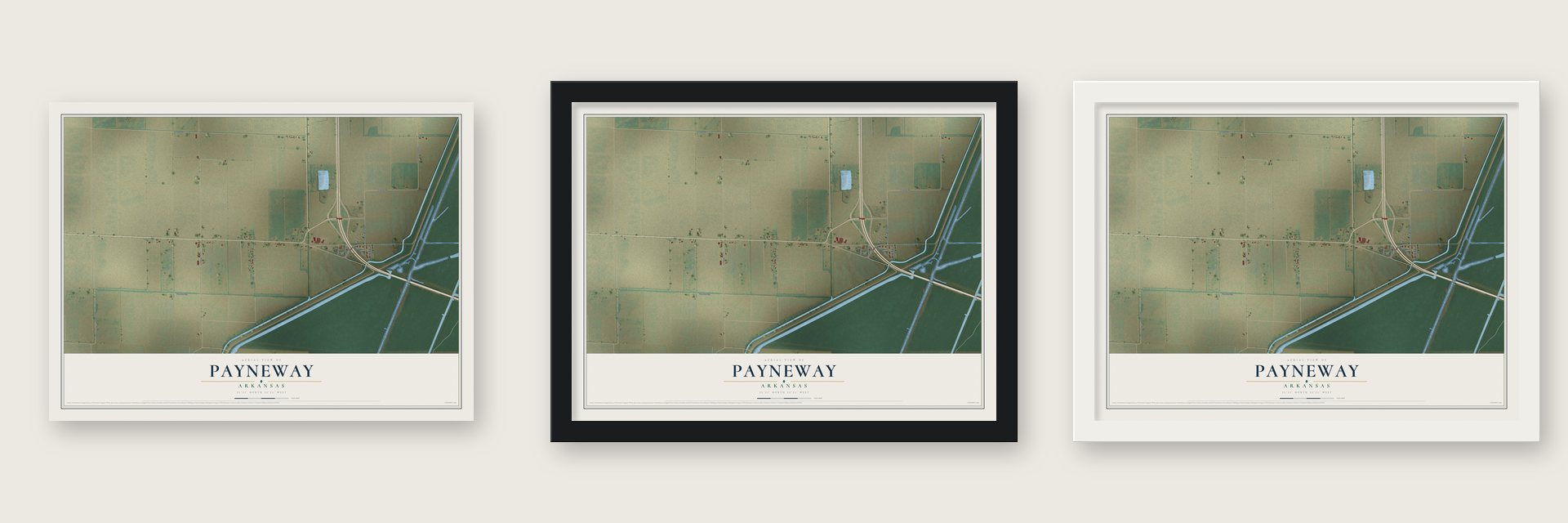 Payneway, Arkansas map unframed, in a black wood frame and in a white wood frame