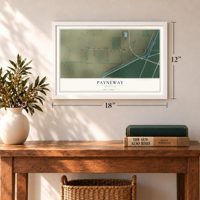 Payneway, Arkansas map, 12 x 18 inch print in a white frame in an entryway