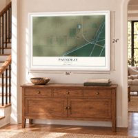 Payneway, Arkansas map, 24 x 36 inch print in a white frame above a dresser by a staircase