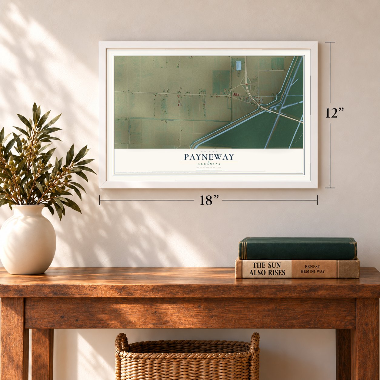 Payneway, Arkansas map, 12 x 18 inch print in a white frame in an entryway