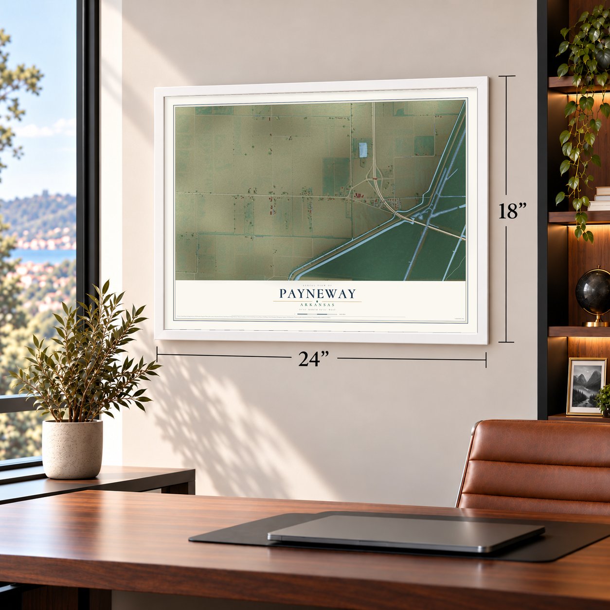 Payneway, Arkansas map, 18 x 24 inch print in a white frame in a home office