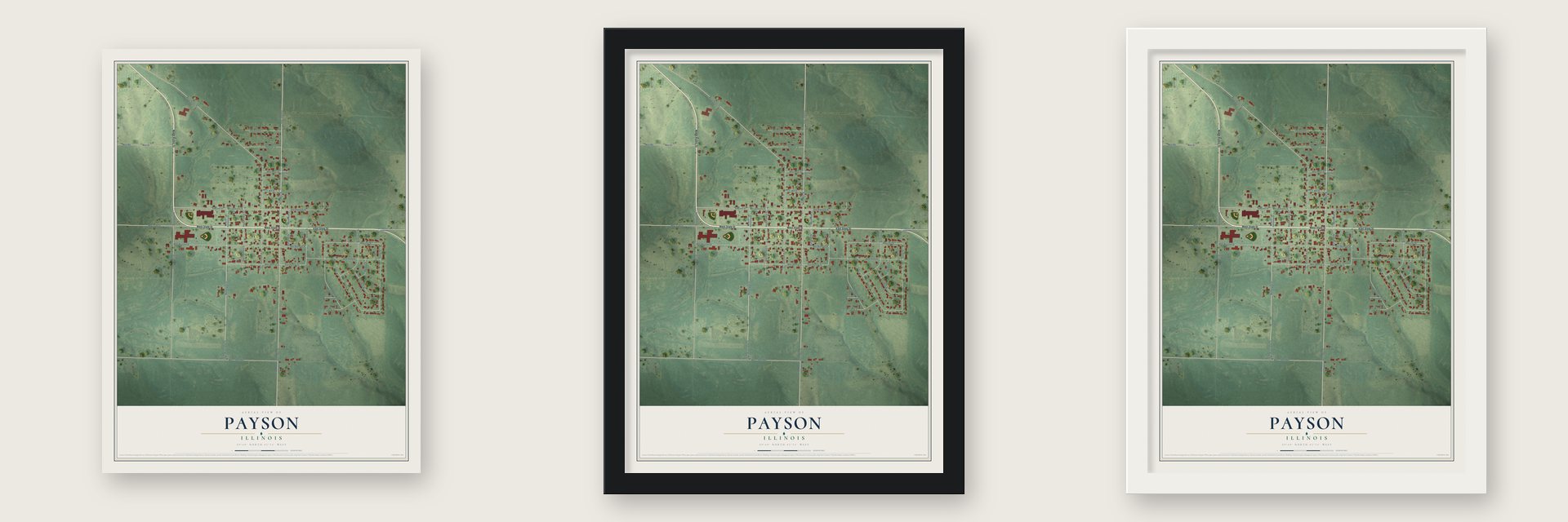 Payson, Illinois map unframed, in a black wood frame and in a white wood frame