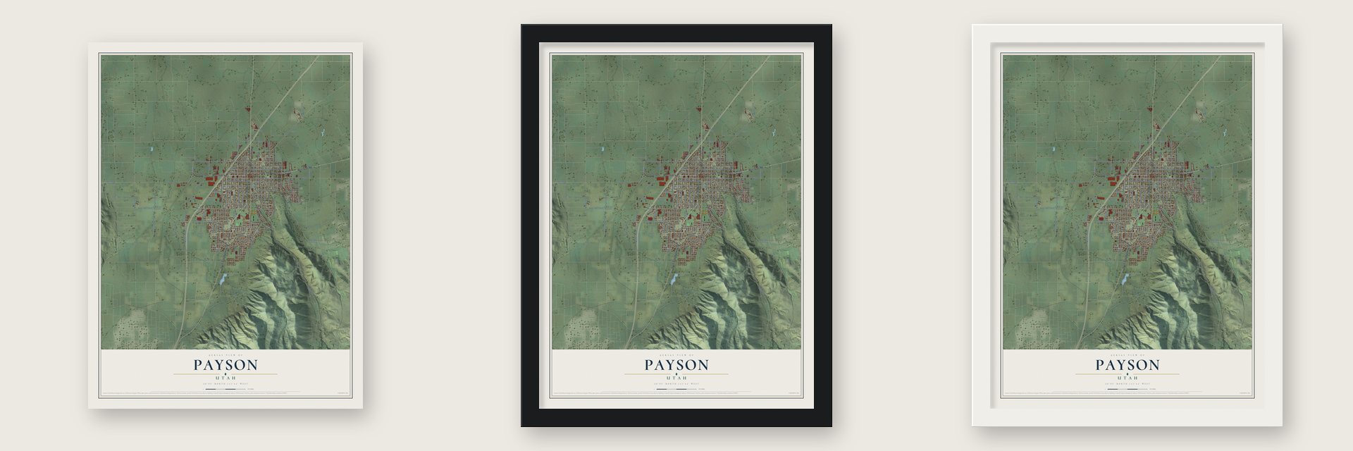 Payson, Utah map unframed, in a black wood frame and in a white wood frame