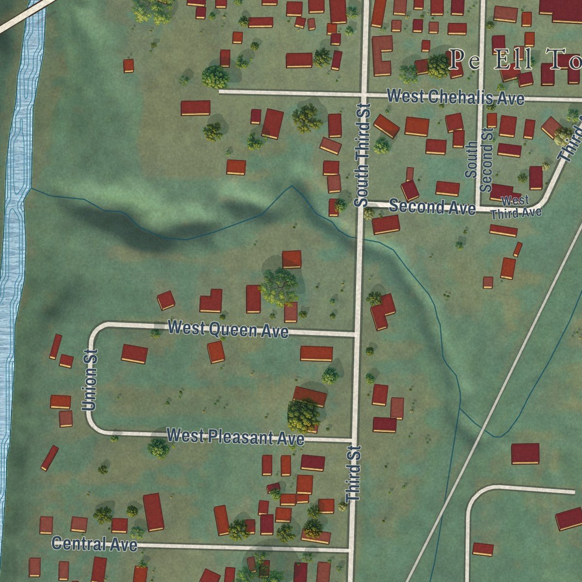 Second close-up of the map of Pe Ell, Washington print showing more streets and buildings