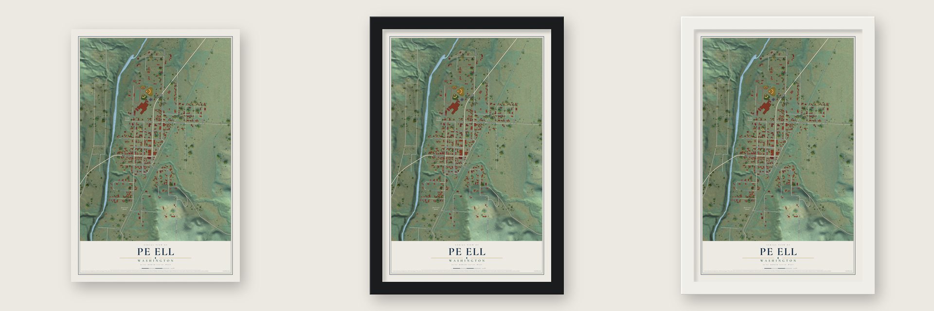 Pe Ell, Washington map unframed, in a black wood frame and in a white wood frame