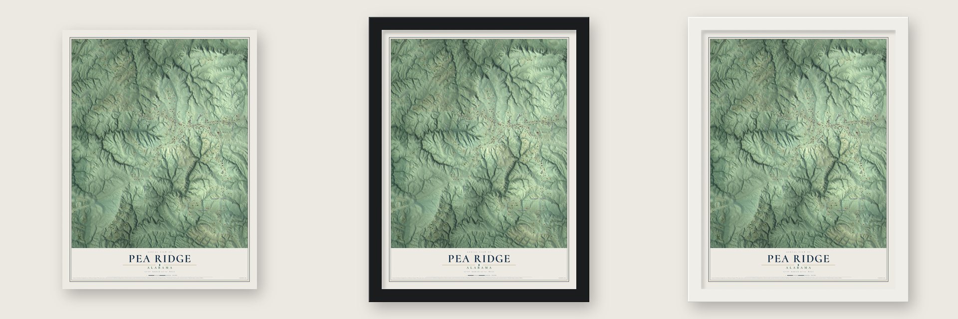 Pea Ridge, Alabama map unframed, in a black wood frame and in a white wood frame
