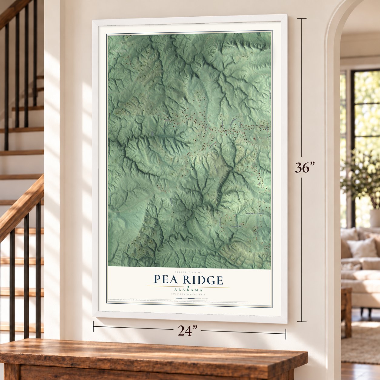 Pea Ridge, Alabama map, 24 x 36 inch print in a white frame by a staircase