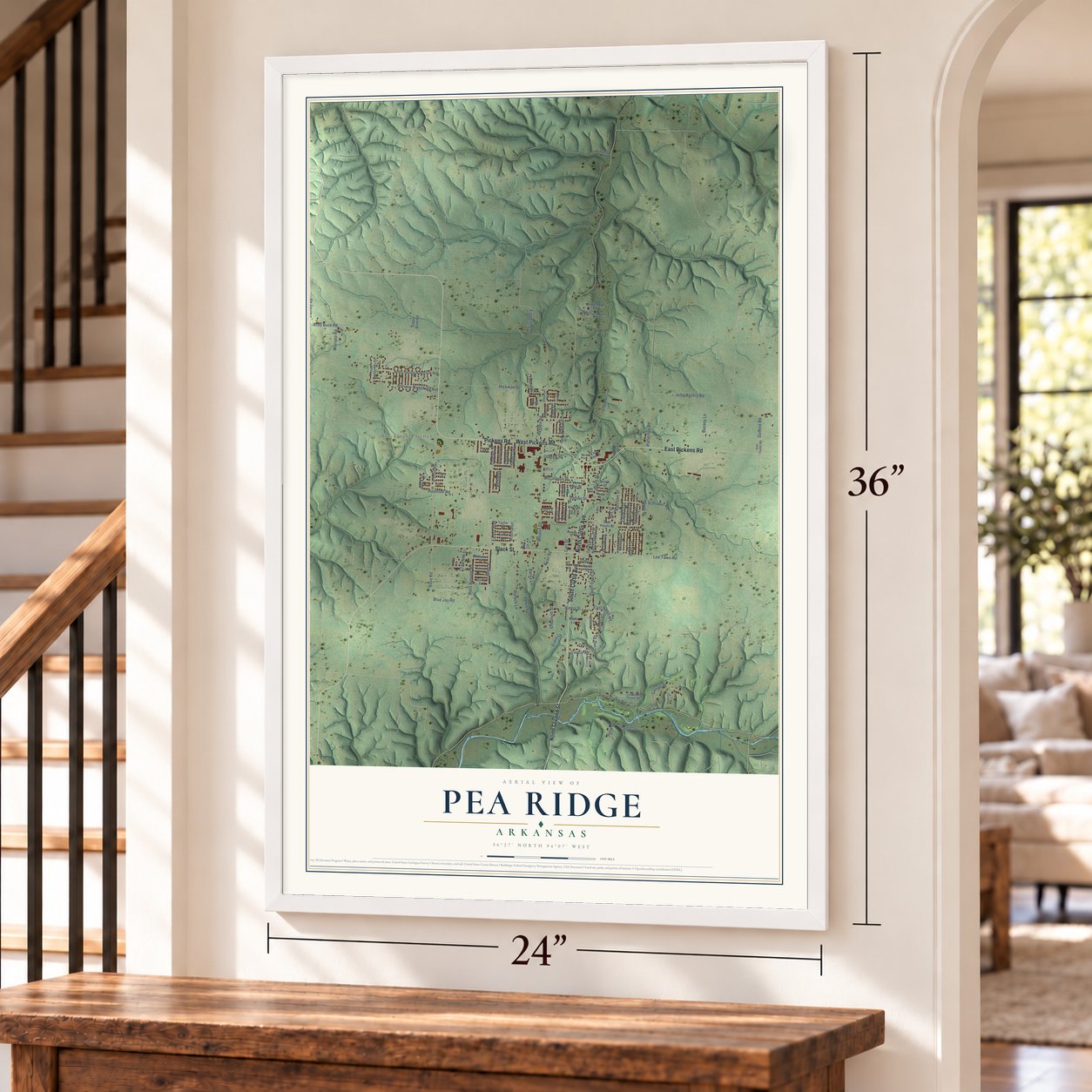 Pea Ridge, Arkansas map, 24 x 36 inch print in a white frame by a staircase