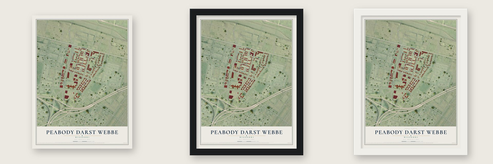 Peabody Darst Webbe, Missouri map unframed, in a black wood frame and in a white wood frame