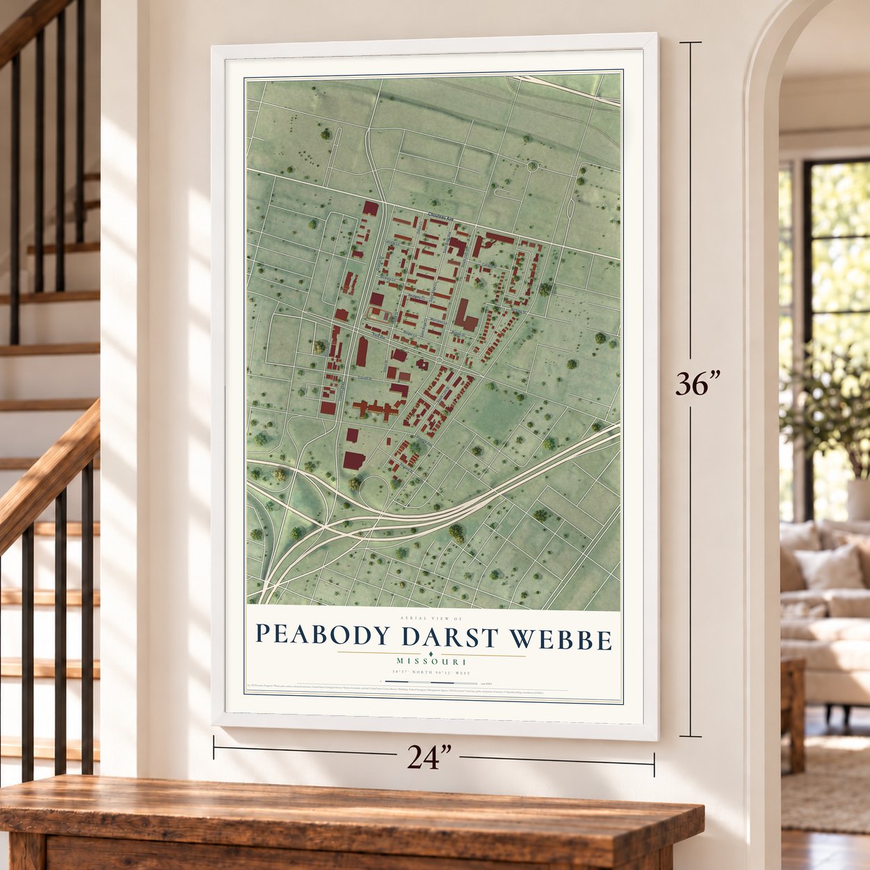 Peabody Darst Webbe, Missouri map, 24 x 36 inch print in a white frame by a staircase