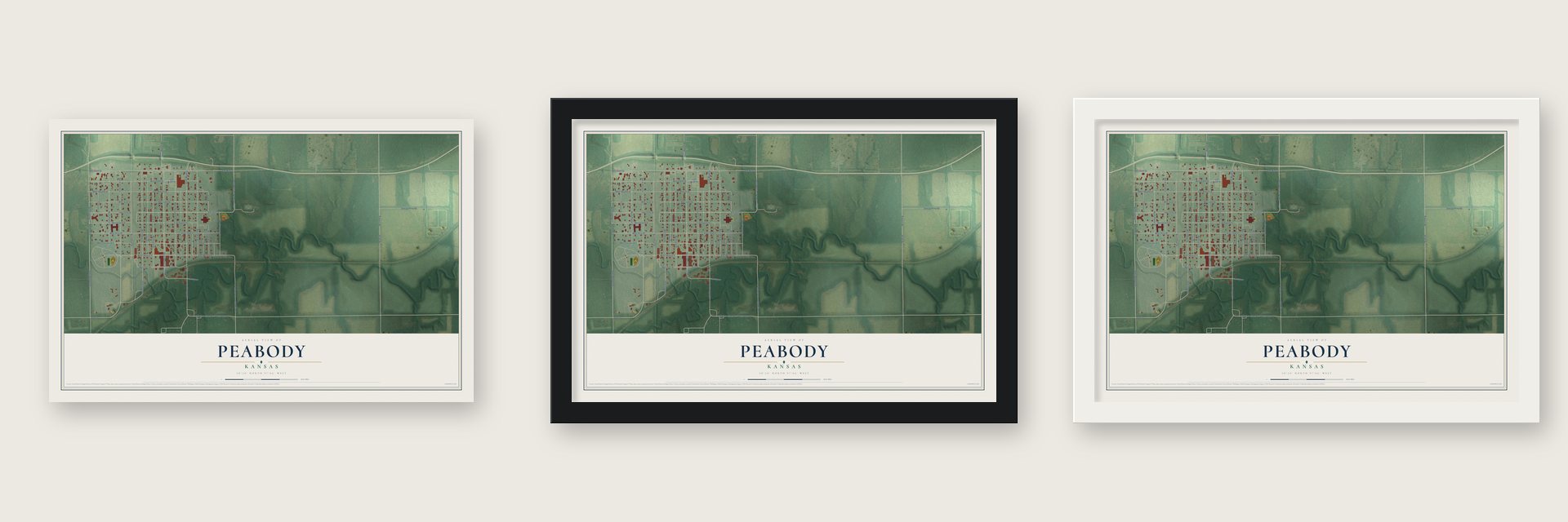 Peabody, Kansas map unframed, in a black wood frame and in a white wood frame