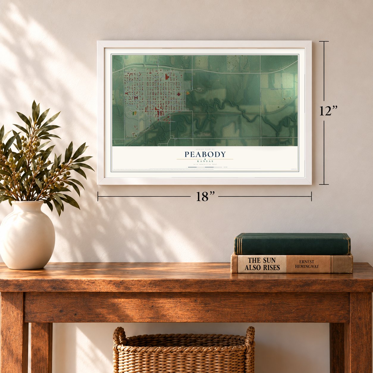Peabody, Kansas map, 12 x 18 inch print in a white frame in an entryway