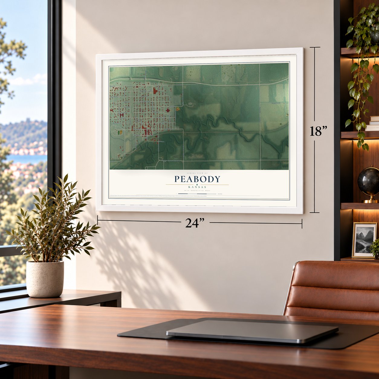 Peabody, Kansas map, 18 x 24 inch print in a white frame in a home office