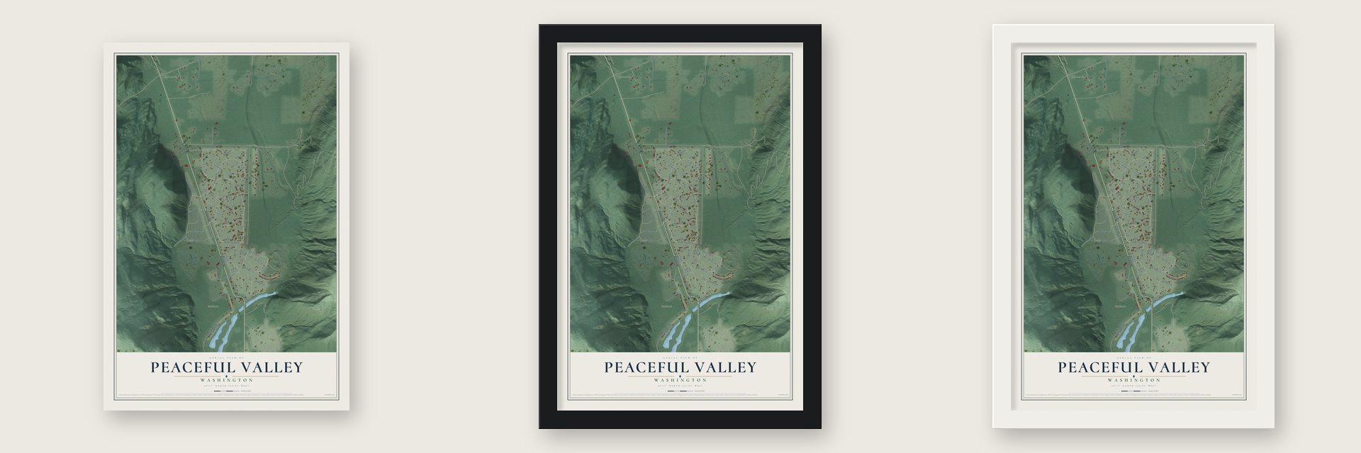 Peaceful Valley, Washington map unframed, in a black wood frame and in a white wood frame