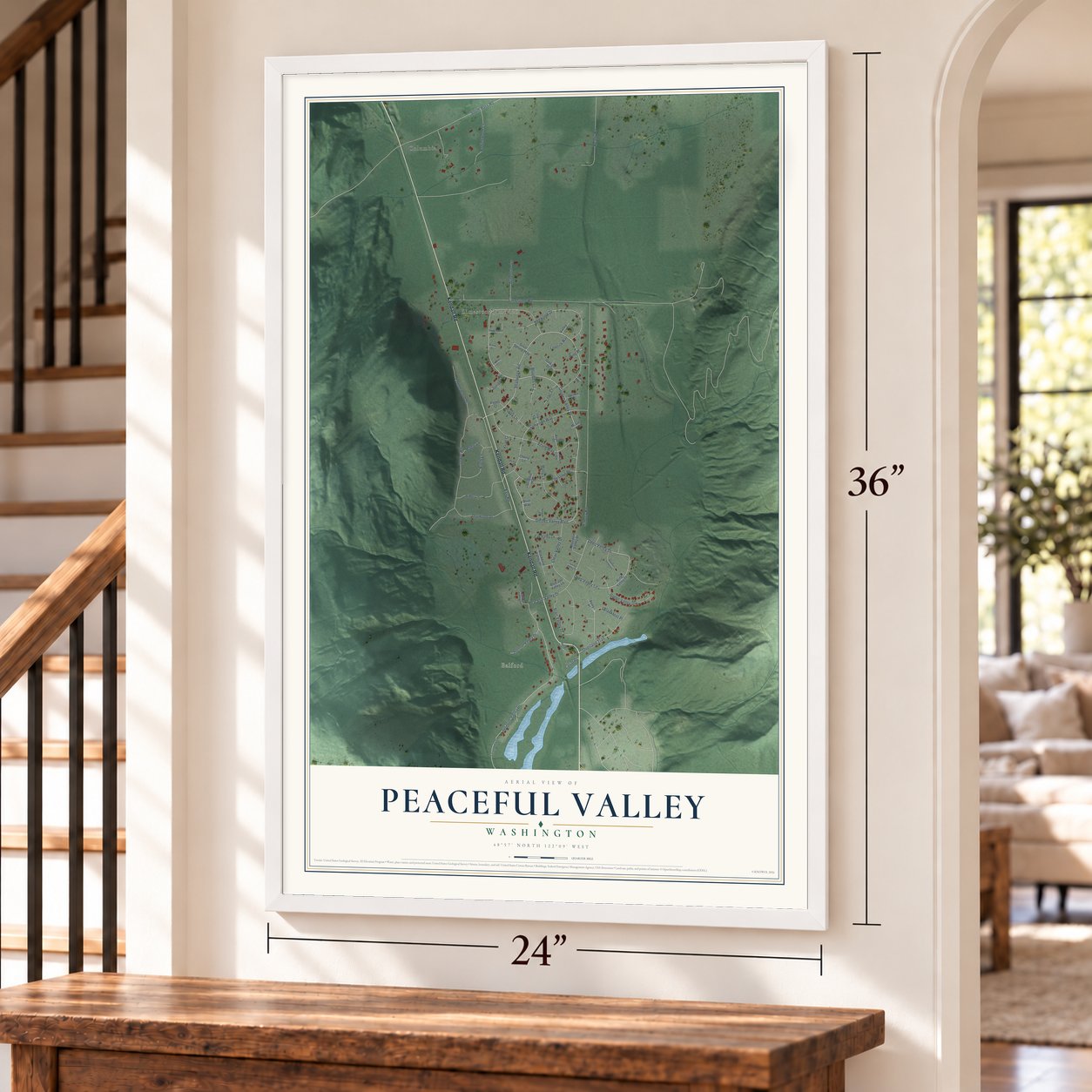 Peaceful Valley, Washington map, 24 x 36 inch print in a white frame by a staircase