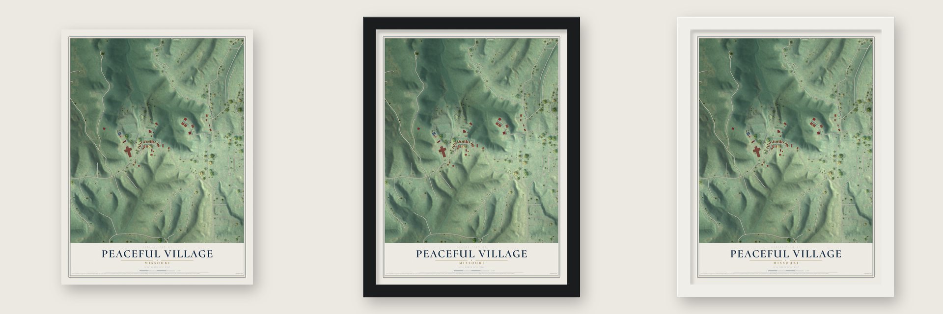 Peaceful Village, Missouri map unframed, in a black wood frame and in a white wood frame