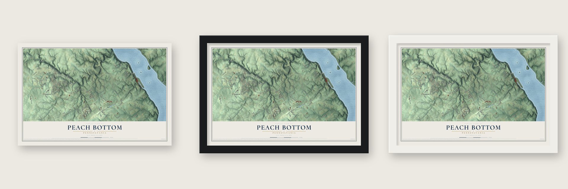 Peach Bottom, Pennsylvania map unframed, in a black wood frame and in a white wood frame