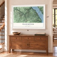 Peach Bottom, Pennsylvania map, 24 x 36 inch print in a white frame above a dresser by a staircase