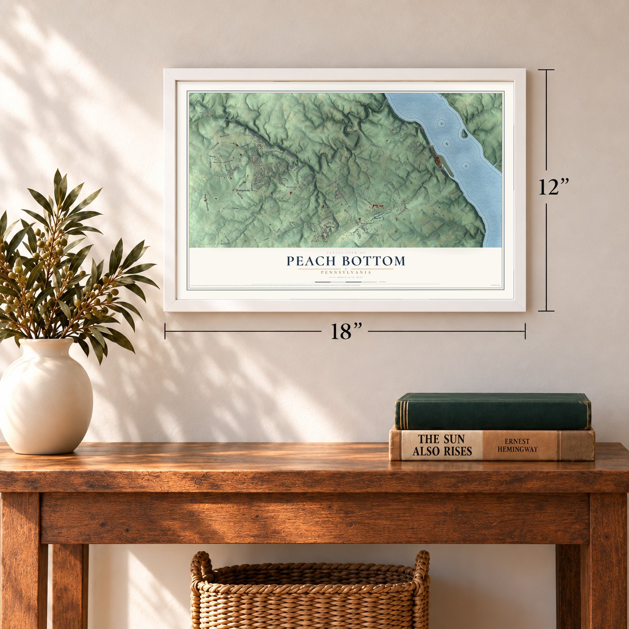 Peach Bottom, Pennsylvania map, 12 x 18 inch print in a white frame in an entryway
