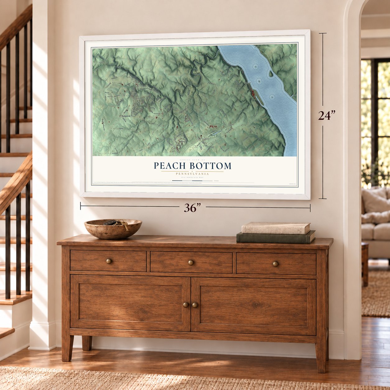 Peach Bottom, Pennsylvania map, 24 x 36 inch print in a white frame above a dresser by a staircase