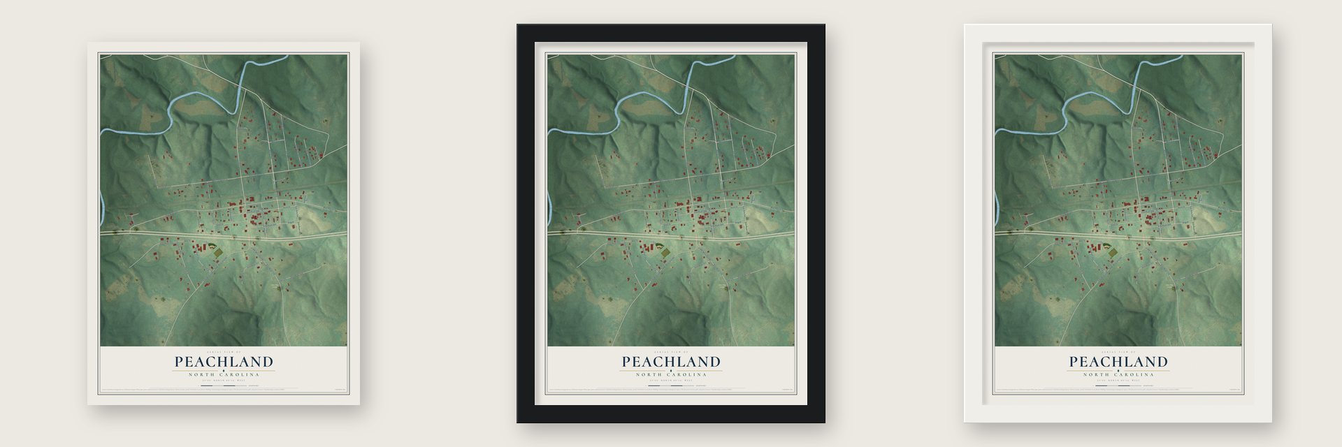 Peachland, North Carolina map unframed, in a black wood frame and in a white wood frame